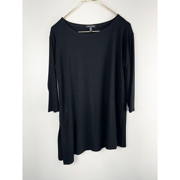 Eileen Fisher Black Sz M Asymmetric Hem Tunic Top Jersey Knit Bateau Neck S18VF - Picture 1 of 6